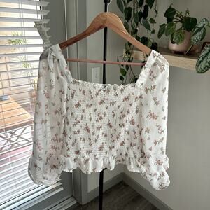 Derek Heart Peasant Floral Smocked Top Size L – Sheer Long Sleeves, Cottagecore